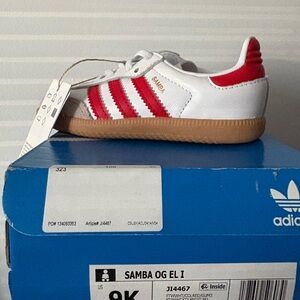 adidas Kids Samba White with Red Stripes & Gum Sole